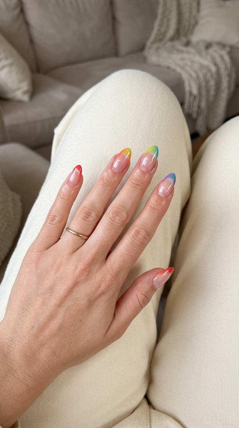 Rainbow Jelly Clear French: Playful clear nails with translucent rainbow gradient French tips for vacation.