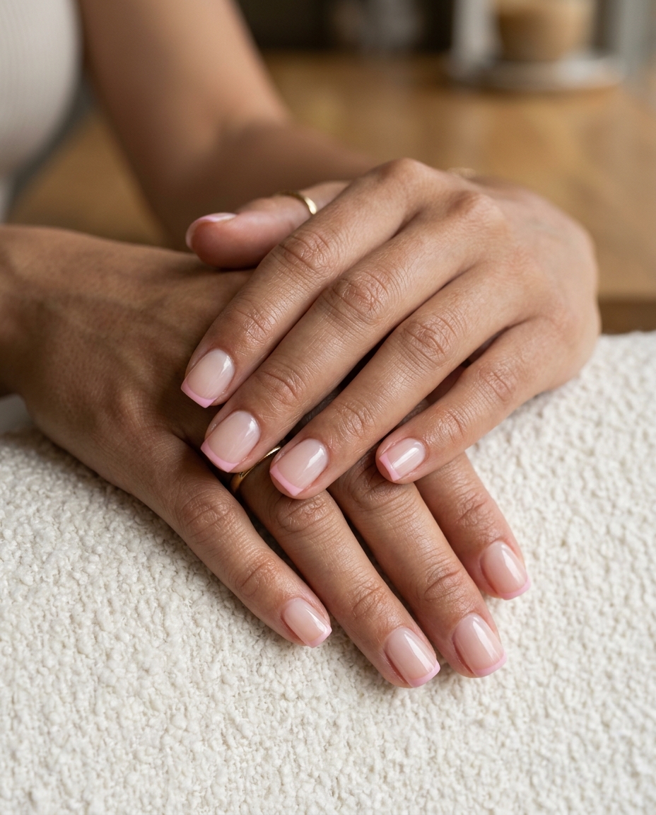Sheer Pink Micro French Square: Clean and polished short square nails with sheer pink micro French tips.