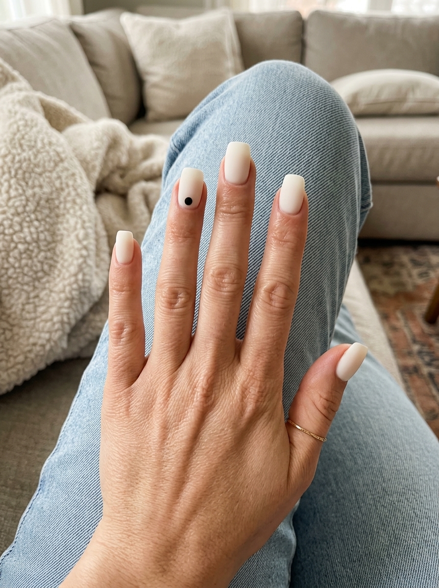 Milky white single dot matte nails for summer minimalist 2026, sophisticated for work and events.