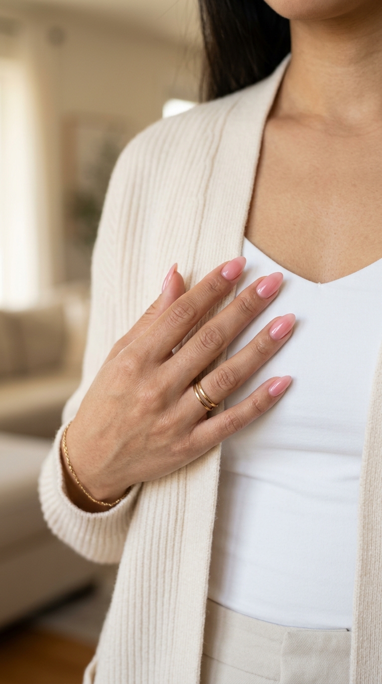 Natural pink almond nails for summer minimalist 2026 everyday wear and work outfits.