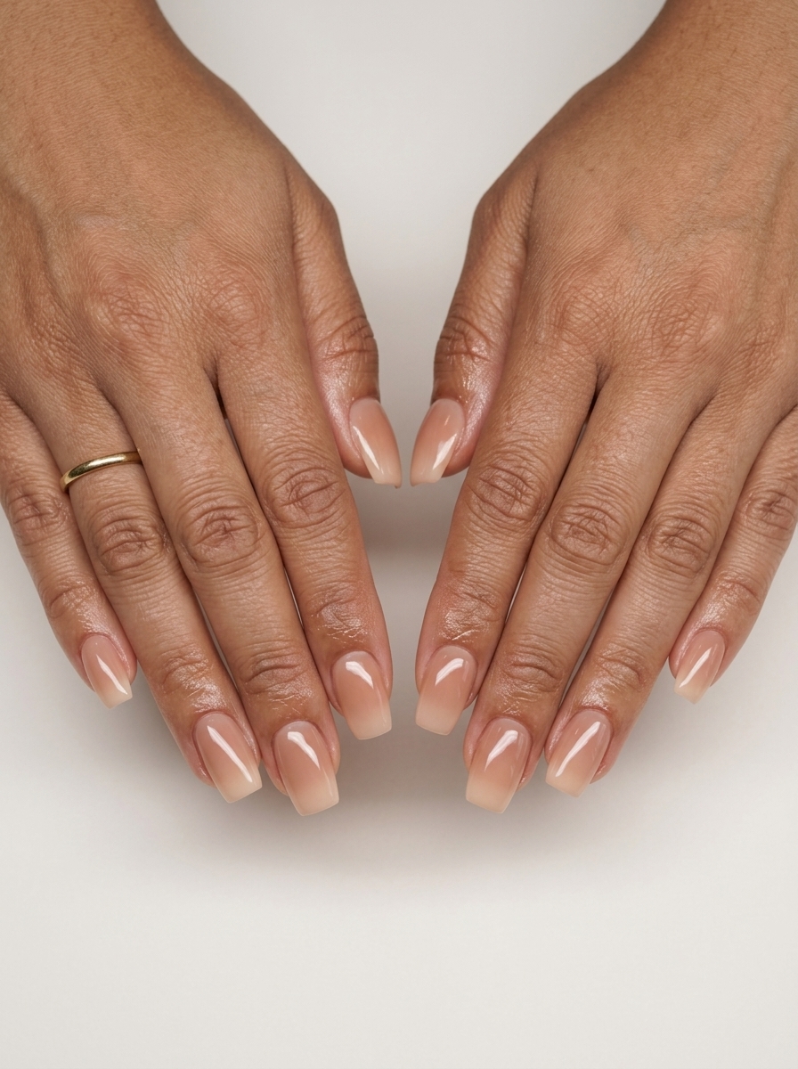 Subtle nude ombre soft square nails for summer minimalist 2026, chic for work and bridal events.