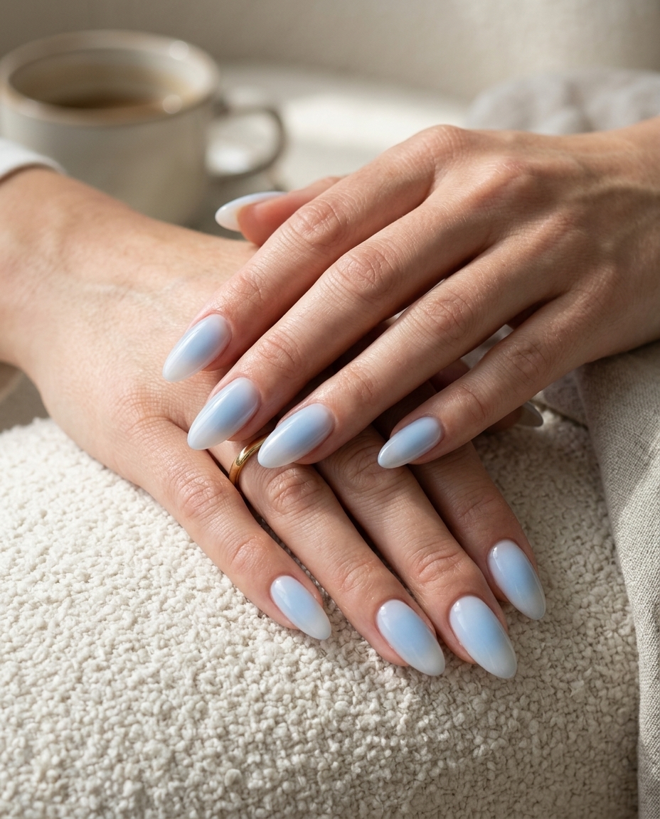 Pale blue aura gradient nails for summer minimalist 2026 wedding guest or date night outfit.