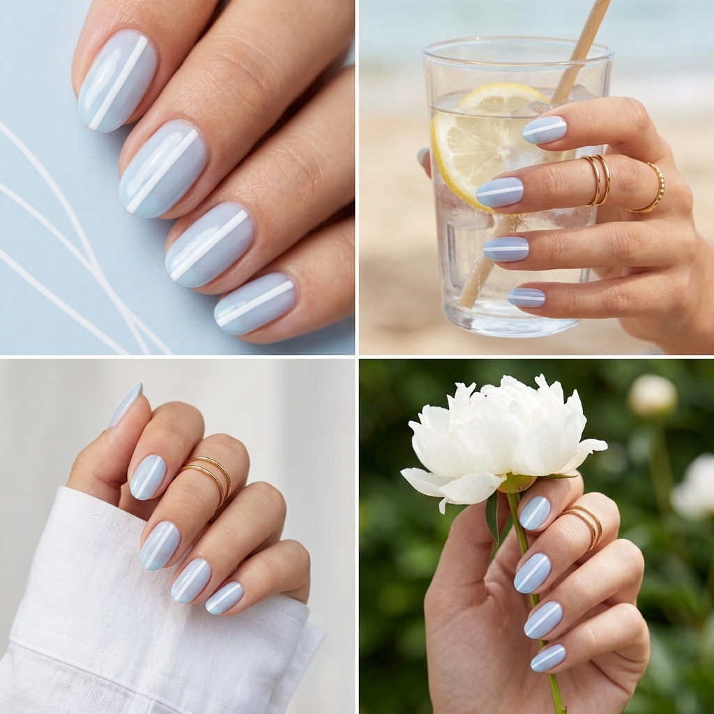 Pale blue lines oval nails for summer minimalist 2026, sophisticated for work and casual outings.