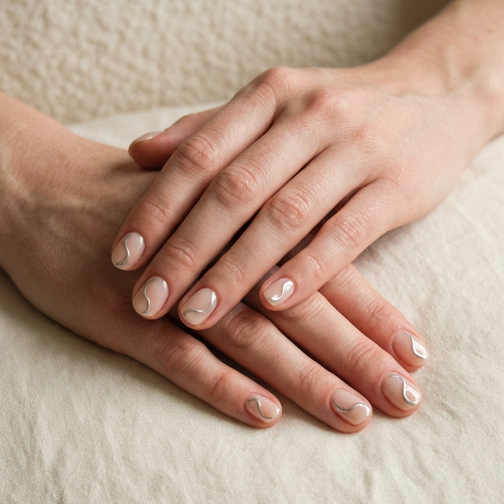 Ethereal Chrome Swirls Nails 2026 Ethereal Chrome Swirls on Nude Summer Nails for Pale Skin 2026: Minimalist, chic short nails for work.
