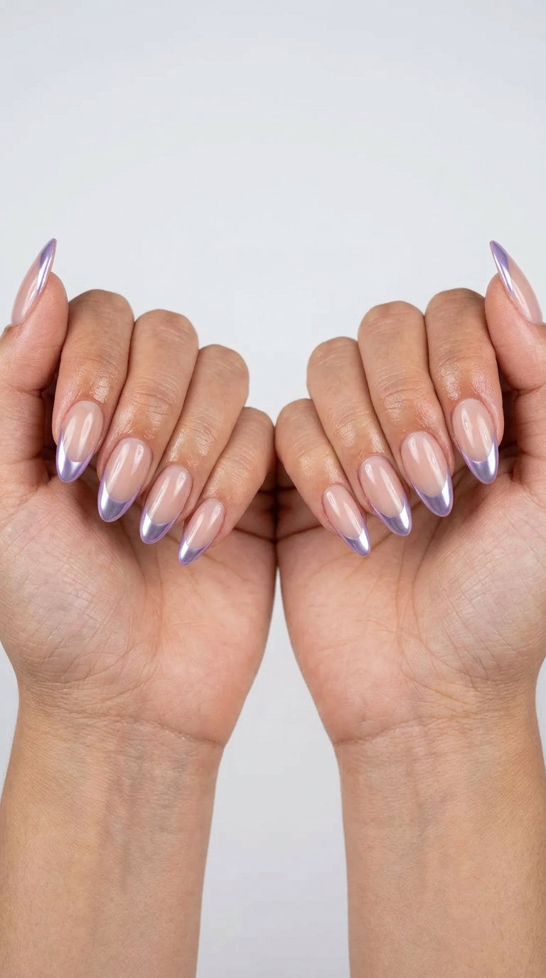 Lavender Chrome French Almond Nails 2026 Lavender Chrome French Almond Summer Nails for Pale Skin 2026: Futuristic, trendy medium almond nails for parties.