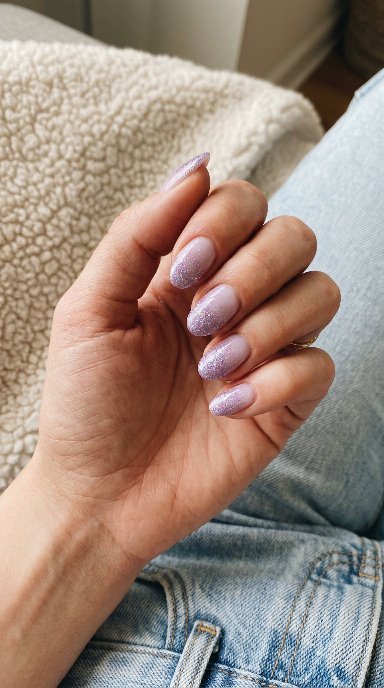 Lavender Glitter Fade Ombre Nails 2026 Lavender Glitter Fade Ombre Summer Nails for Pale Skin 2026: Whimsical, glamorous long stiletto nails for parties.