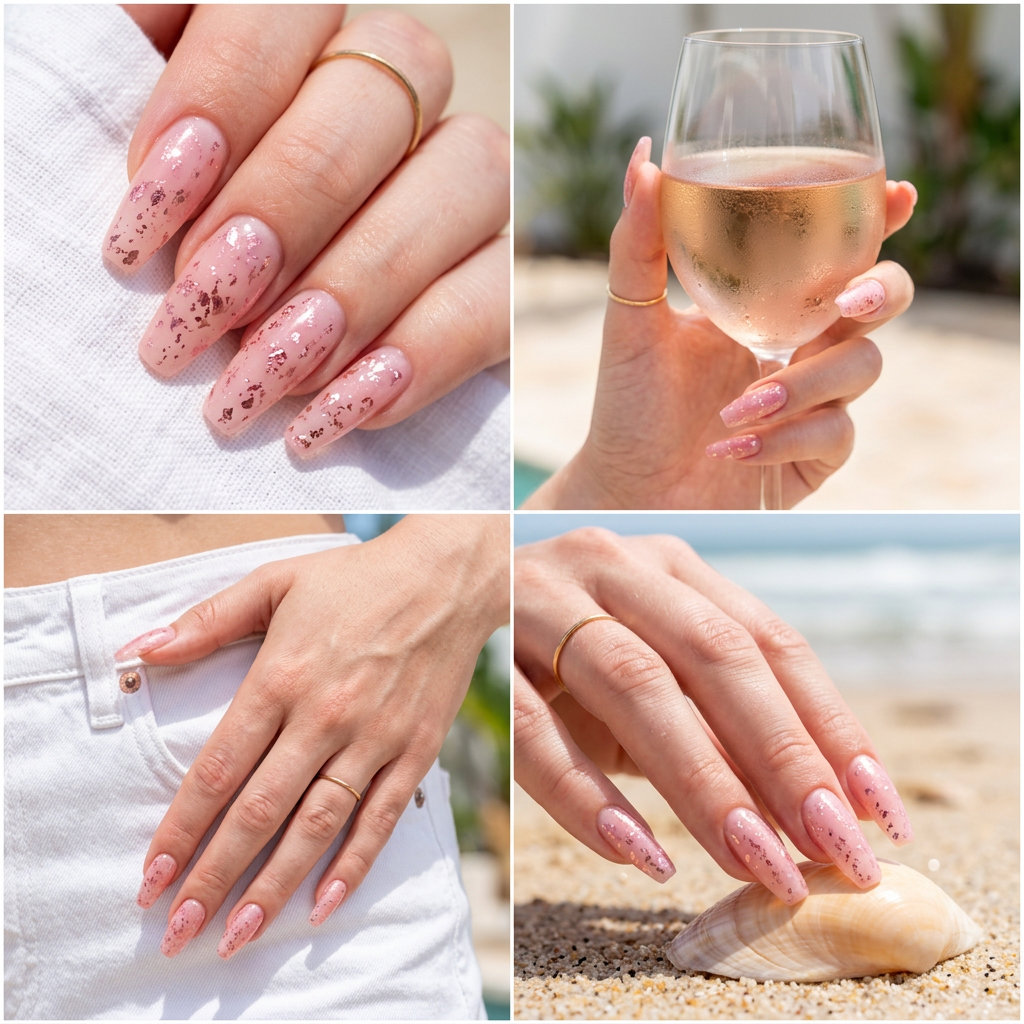 Rosewater Foil Shimmer Nails 2026 Rosewater Foil Shimmer Almond Summer Nails for Pale Skin 2026: Romantic, glamorous medium almond nails for date nights.