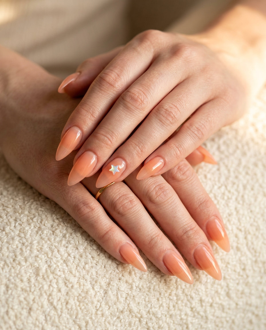 Soft Peach Jelly Stiletto Summer Nails for Pale Skin 2026: Sultry, glamorous long stiletto nails for date nights.