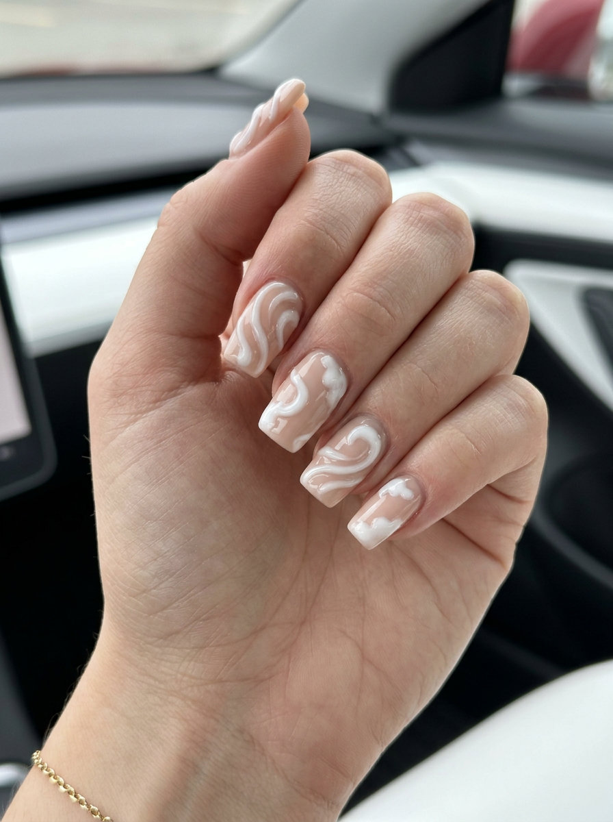 Textured Cloud Swirls Nails 2026 Textured Cloud Swirls Soft Square Summer Nails for Pale Skin 2026: Artistic, sophisticated short nails for casual outings.