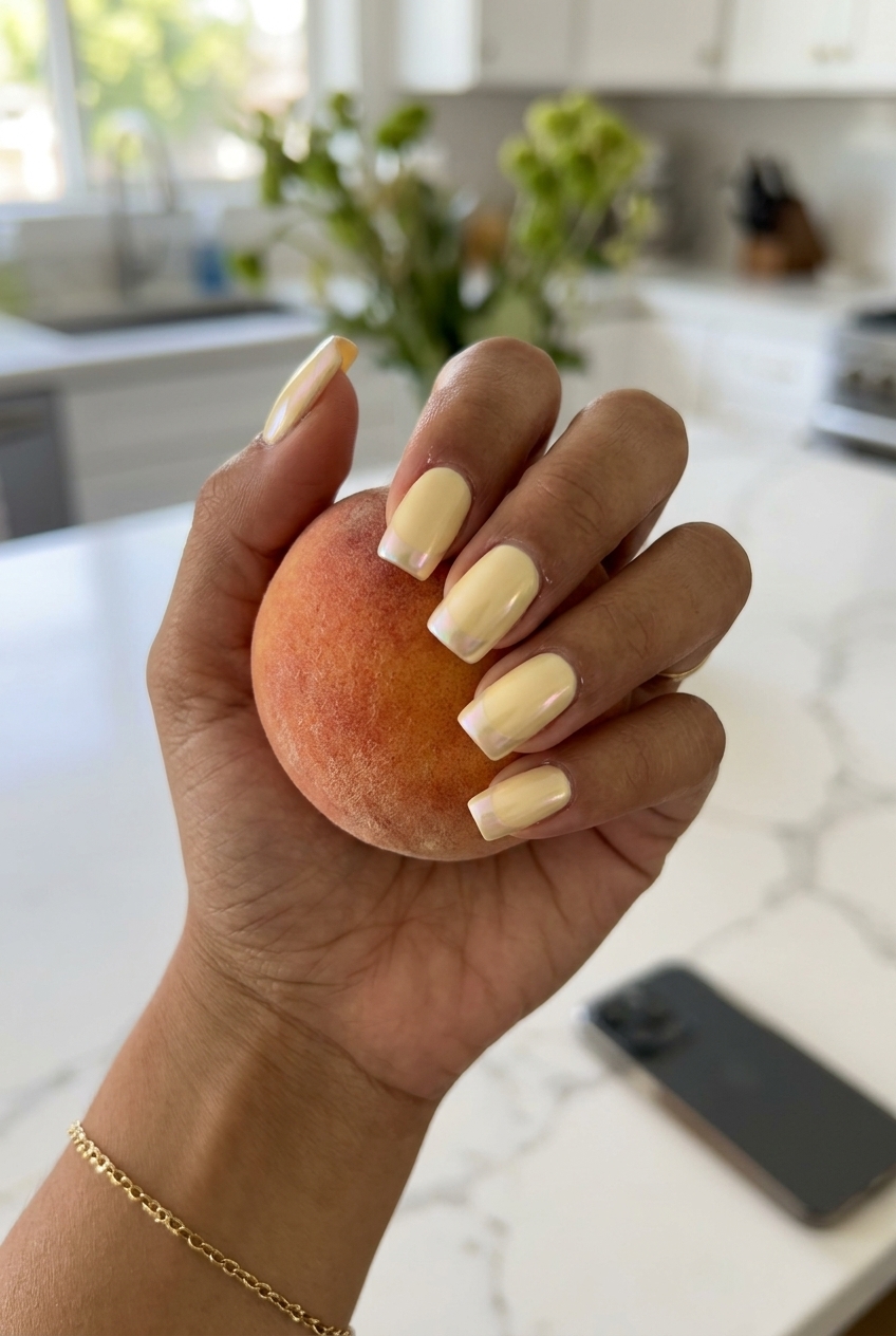 Summer Nails Square Medium 2026: Butter Yellow French Butter Yellow Pearlescent French medium square nails for summer 2026. Glamorous event nails.