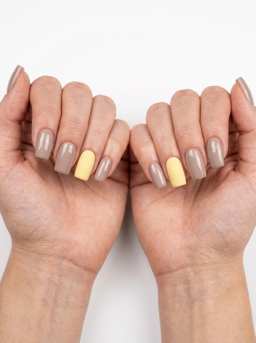 Butter Yellow Matte Accent Nails 2026 | Work Chic Style Butter Yellow Matte Accent on Modern Taupe nails for work. Summer nails square medium 2026.