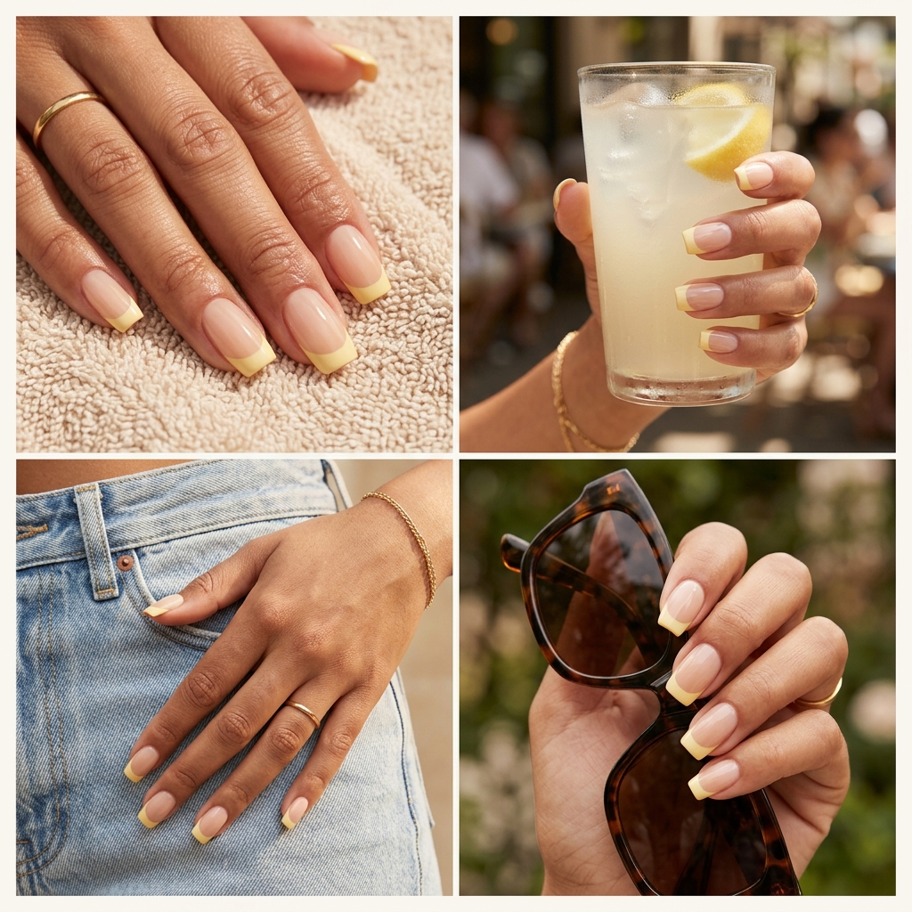 Butter Yellow Micro French Nails 2026 | Cheerful Casual Style Butter Yellow Micro French nails for cheerful casual outfits. Summer nails square medium 2026.