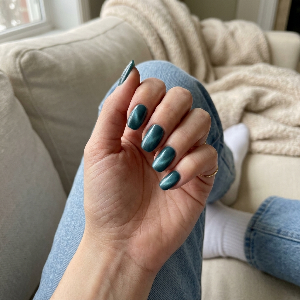 Deep Teal Velvet Square Nails 2026 | Luxurious Evening Style Deep teal velvet matte square medium nails for summer nails square medium 2026. Luxurious evening event outfit.