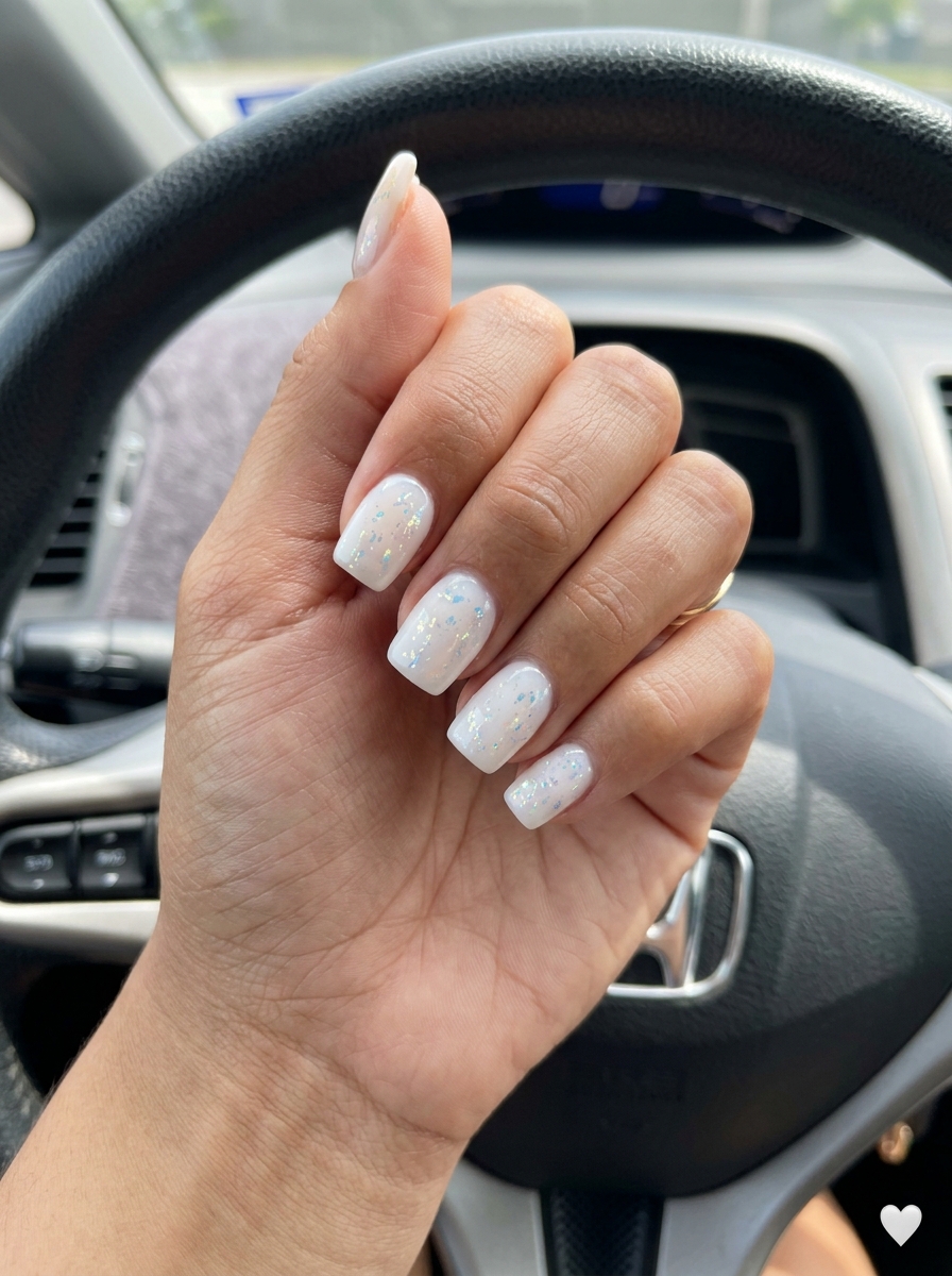 Milky Foil Flake Nails 2026 | Effortless Chic Style Milky Foil Flake Square nails for effortless casual outings. Summer nails square medium 2026.