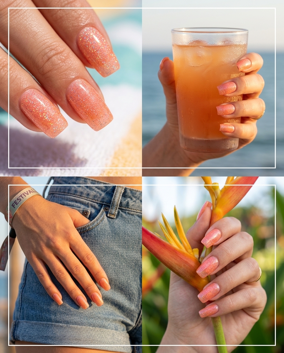 Peachy Keen Jelly Glitter Nails 2026 | Dazzling Festival Style Glitter peachy keen jelly square medium nails for summer nails square medium 2026. Dazzling festival outfit.