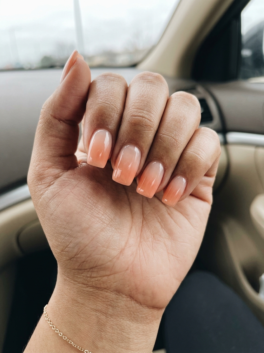 Summer Nails Square Medium 2026: Peachy Keen Ombre Peachy Keen Jelly Ombre medium square nails for summer 2026. Romantic, glowy vacation nails.