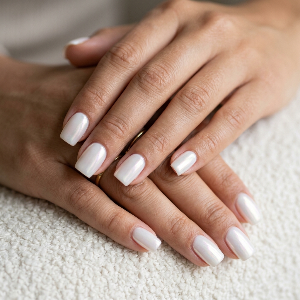 Summer Nails Square Medium 2026: Pearlescent Glazed Pearlescent Glazed Square medium nails for summer 2026. Chic party nails.