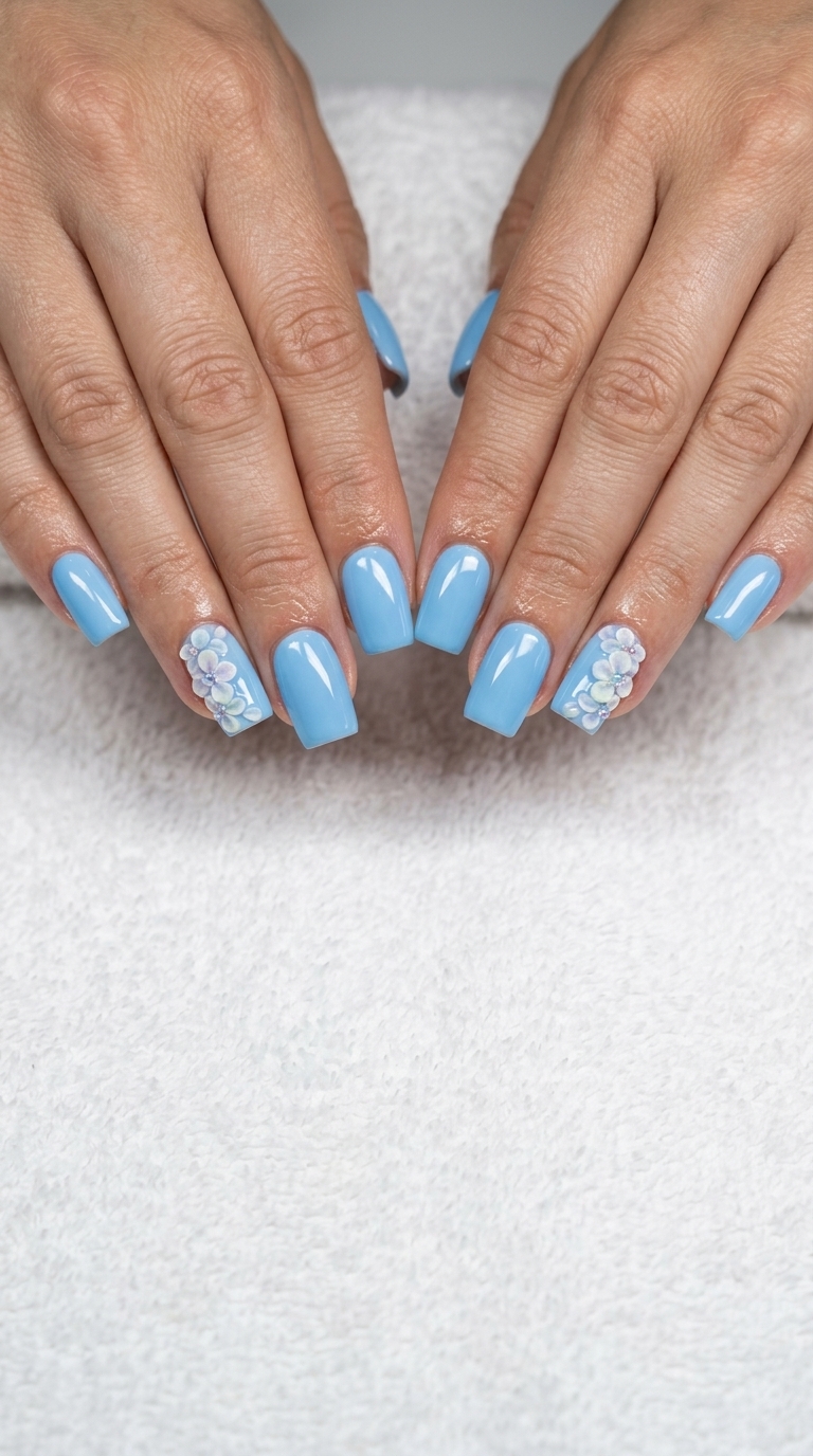 Sky Blue Charm Square Nails 2026 | Festive Party Style Sky blue square medium nails with 3D charms for summer nails square medium 2026. Festive party outfit.