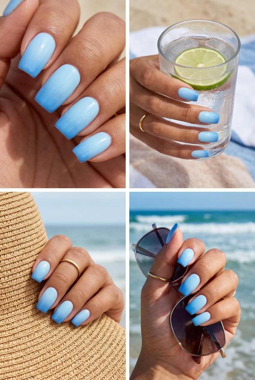 Sky Blue Gradient Square Nails 2026 | Ethereal Vacation Style Sky blue gradient square medium nails with white shimmer for summer nails square medium 2026. Vacation wedding guest outfit.