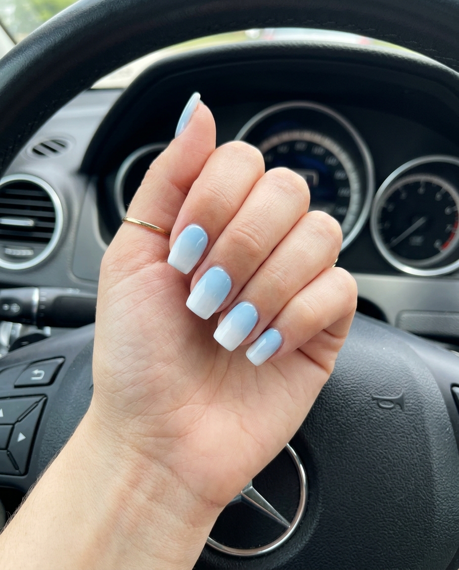 Summer Nails Square Medium 2026: Sky Blue Gradient Ethereal Gradient Sky Blue to White medium square nails for summer 2026. Romantic event nails.