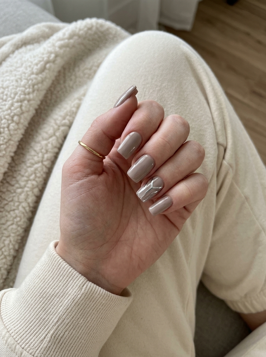 Taupe Geometric Chrome Nails 2026 | Chic Daily Style Chrome Accent Taupe Geometric medium square nails for chic daily outfits. Summer nails square medium 2026.