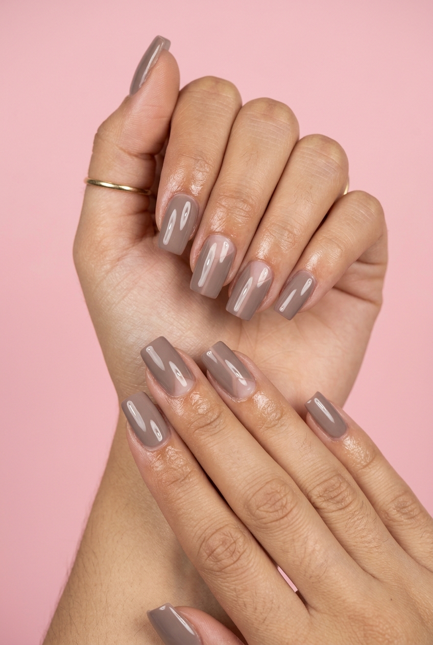 Modern Taupe Square Nails 2026 | Minimalist Work Style Modern taupe square medium nails with negative space lines for summer nails square medium 2026. Minimalist work outfit.
