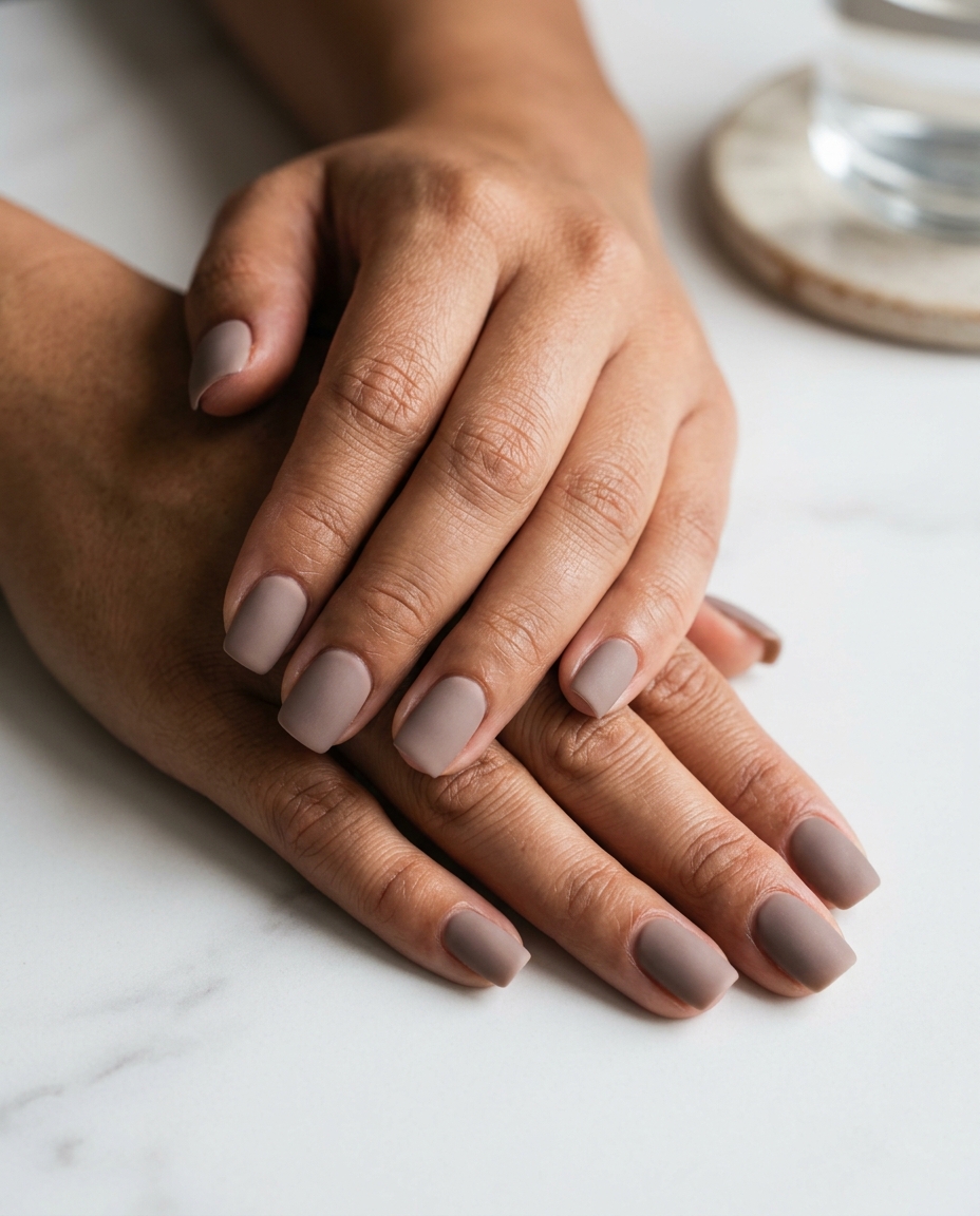 Summer Nails Square Medium 2026: Taupe Velvet Square Modern Taupe Velvet Square Nails for summer 2026. Sophisticated office nails.