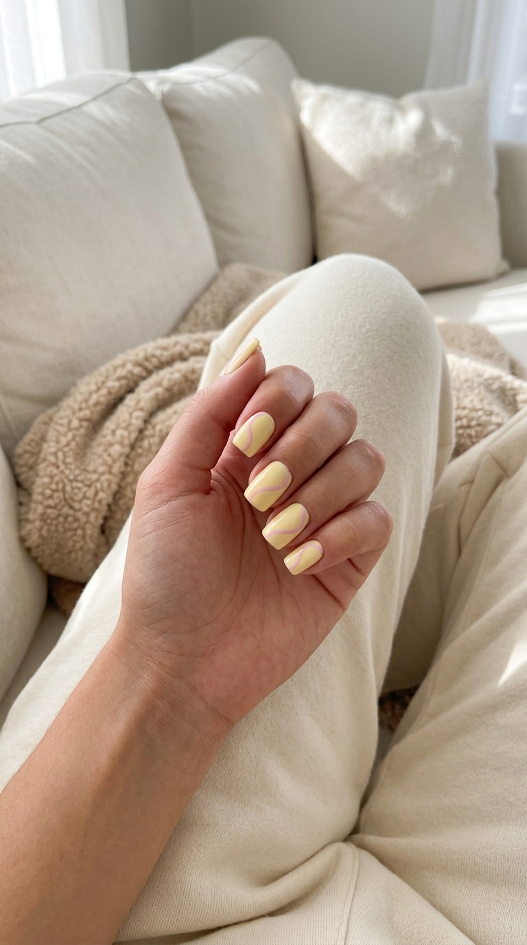 Summer Nails Square Medium 2026: Yellow Swirls Butter Yellow Delicate Swirls medium square nails for summer 2026. Romantic date night nails.