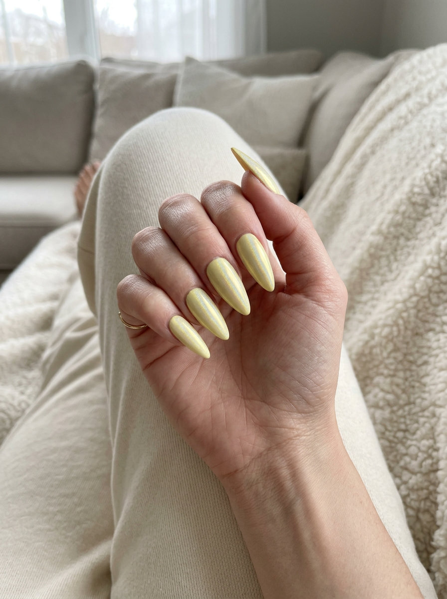 Holographic Pastel Stiletto Nails 2026 | Ethereal Glam Holographic Pastel Stiletto nails: ethereal festival style with pastel yellow and rainbow shift for 2026.