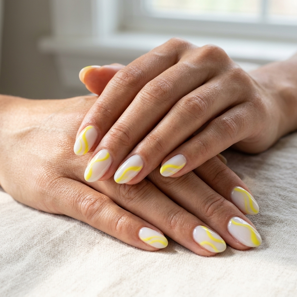 Lemon Zest Swirl Nails 2026: Vibrant Summer Vacation Lemon zest swirls on white oval nails for a playful, artistic summer vacation look in 2026.
