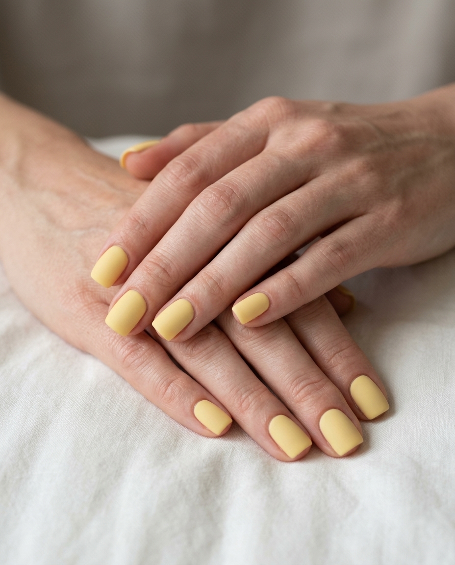 Pastel Yellow Matte Nails 2026: Minimalist Summer Style Pastel yellow matte square nails for a minimalist, sophisticated summer outfit in 2026.