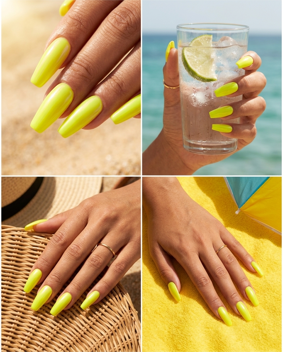 Neon Yellow Glazed Donut Nails 2026 | Festival Style Neon Yellow Glazed Donut coffin nails: edgy, futuristic style for festivals and concerts in 2026.