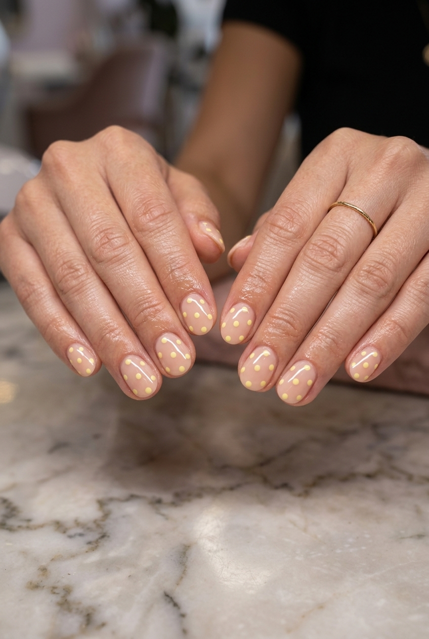 Pastel Yellow Dot Nails 2026: Sweet Summer Fun Pastel yellow dots on nude round nails for a sweet, playful summer outfit in 2026.