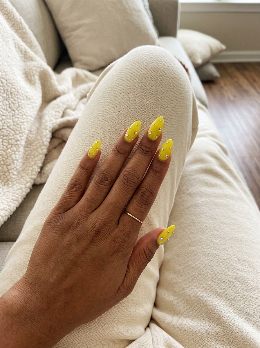 Sparkling Lemon Zest Stiletto Nails 2026 | Party Glam Sparkling Lemon Zest Stiletto nails: glamorous party look with vibrant yellow and clear rhinestones for 2026.