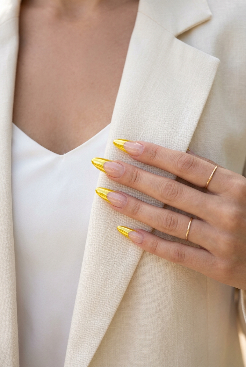 Yellow Chrome French Tip Nails 2026 | Futuristic Party Yellow Chrome French Tip nails: futuristic party style with bright yellow chrome on almond shape for 2026.