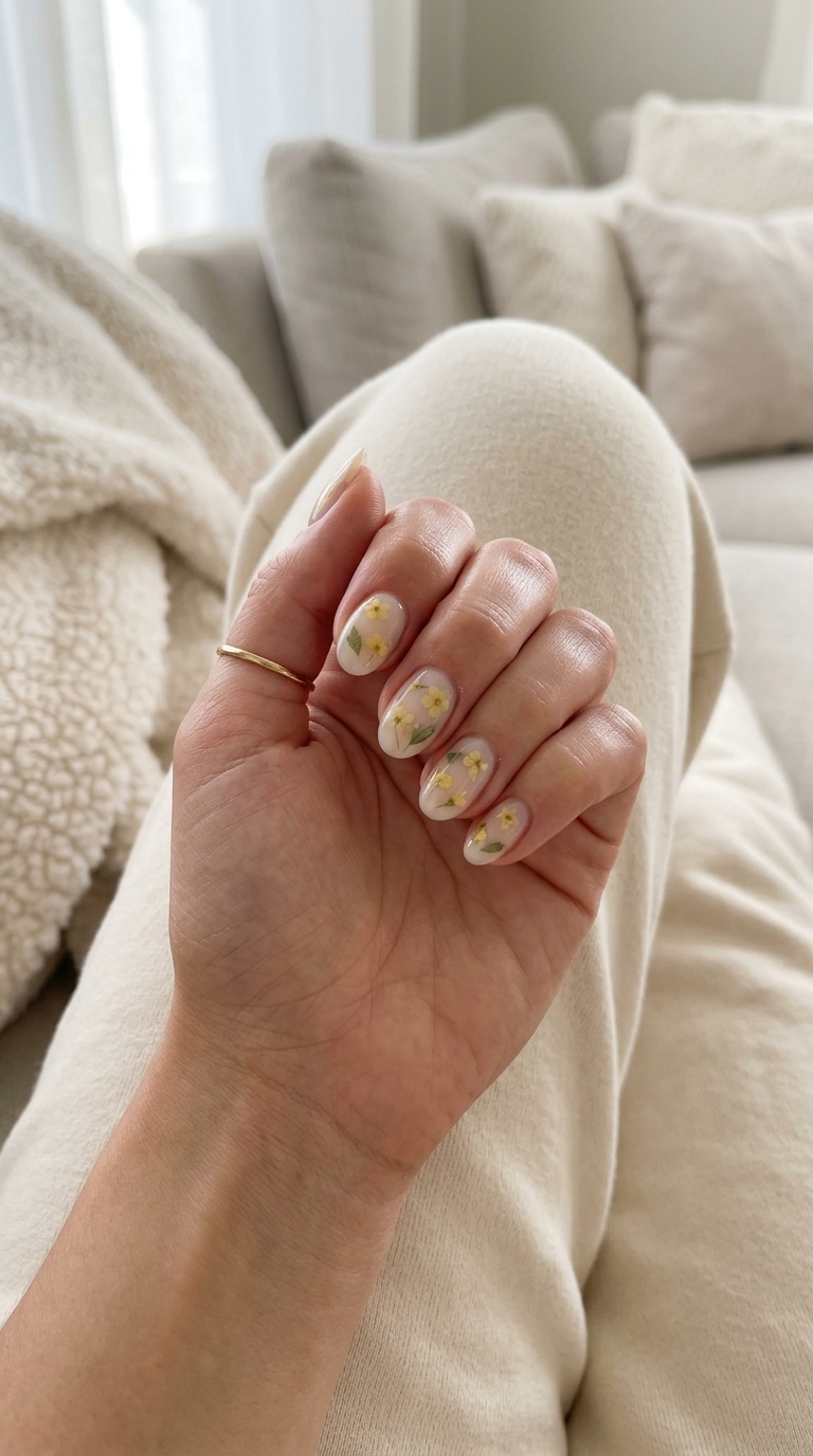 Floral Yellow Milk Bath Nails 2026 Floral pastel yellow milk bath nails for wedding guest, bridal shower, or romantic date in 2026.