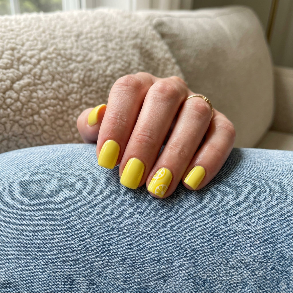 Lemon Zest Decal Nails 2026 Lemon zest decal square nails for summer vacation and casual picnics in 2026.
