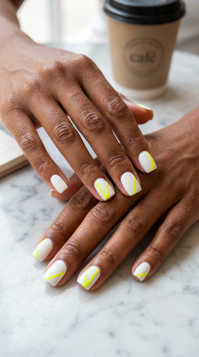 Neon Yellow Abstract Nails 2026 Neon yellow abstract lines on short square nails for festivals and casual wear in 2026.
