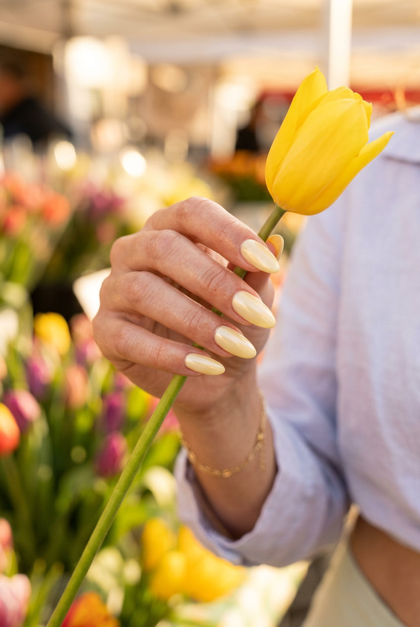 Pearlescent Butter Yellow Nails 2026 Pearlescent butter almond glow nails for sophisticated daily wear in 2026.
