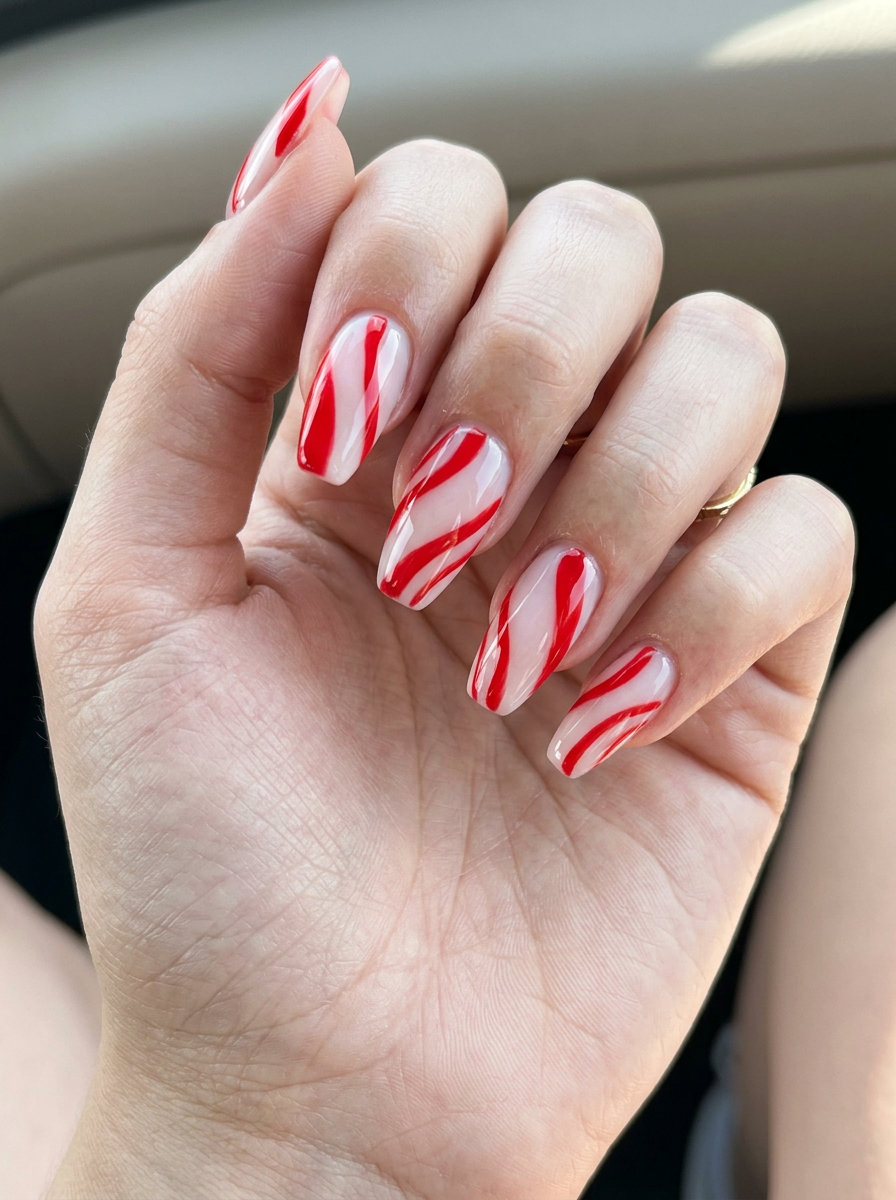 Abstract Bright Red Line Nails 2026 Edgy abstract bright red line nails on clear base for summer red nails 2026 festivals.