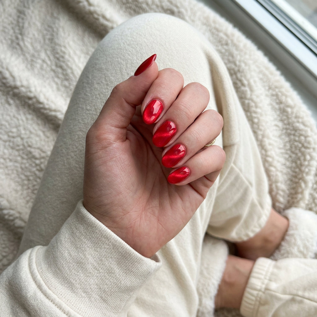 Bright Red Magnetic Cat-Eye Nails 2026 Bold bright red magnetic cat-eye nails with purple shift for summer red nails 2026 date nights.