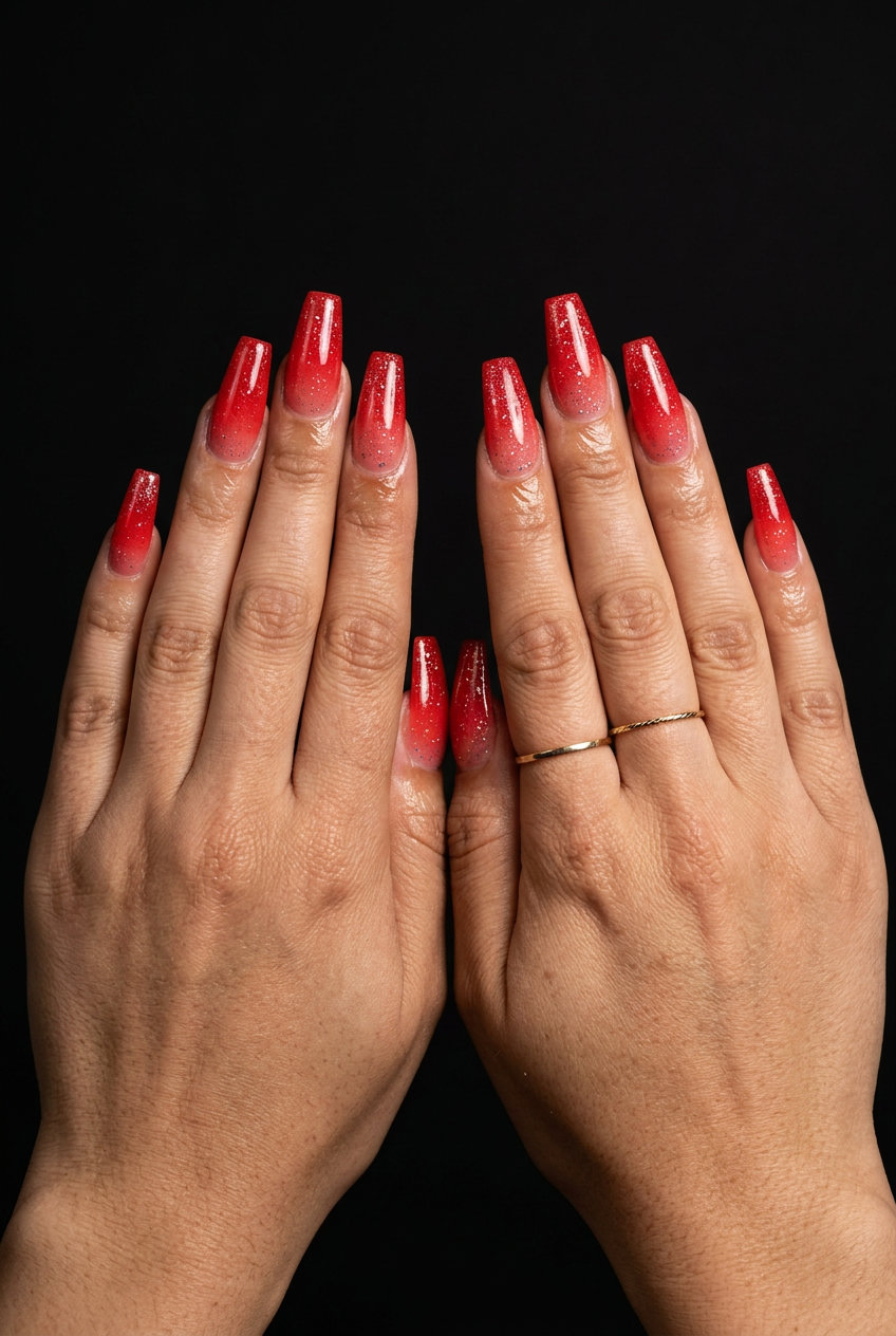Bright Red Glitter Ombre Nails 2026 Glamorous bright red glitter ombre square nails for summer red nails 2026. Festive party style.