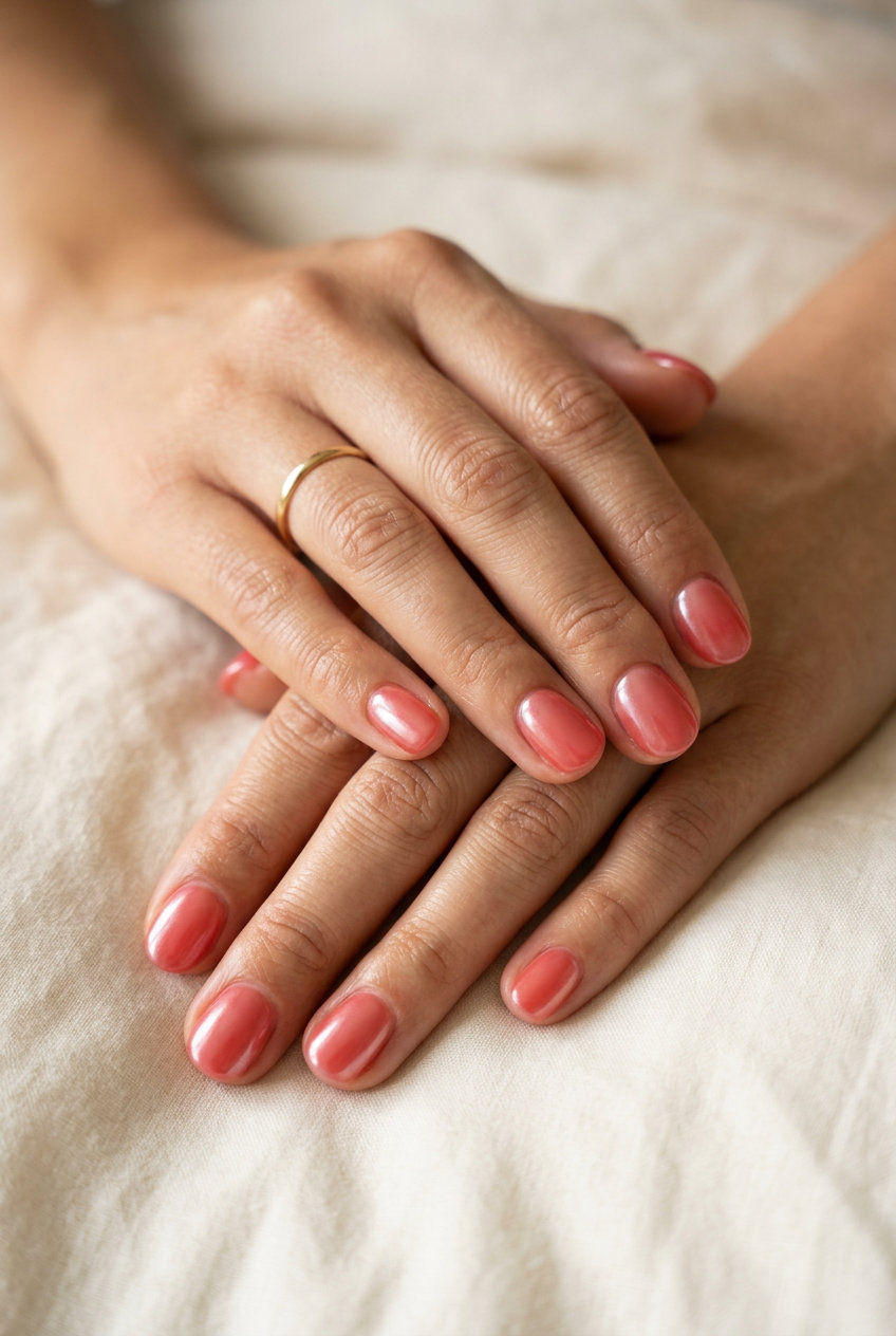 Builder Gel Red Glazed Donut Nails 2026 Clean girl builder gel red glazed donut nails for summer red nails 2026. Polished casual style.