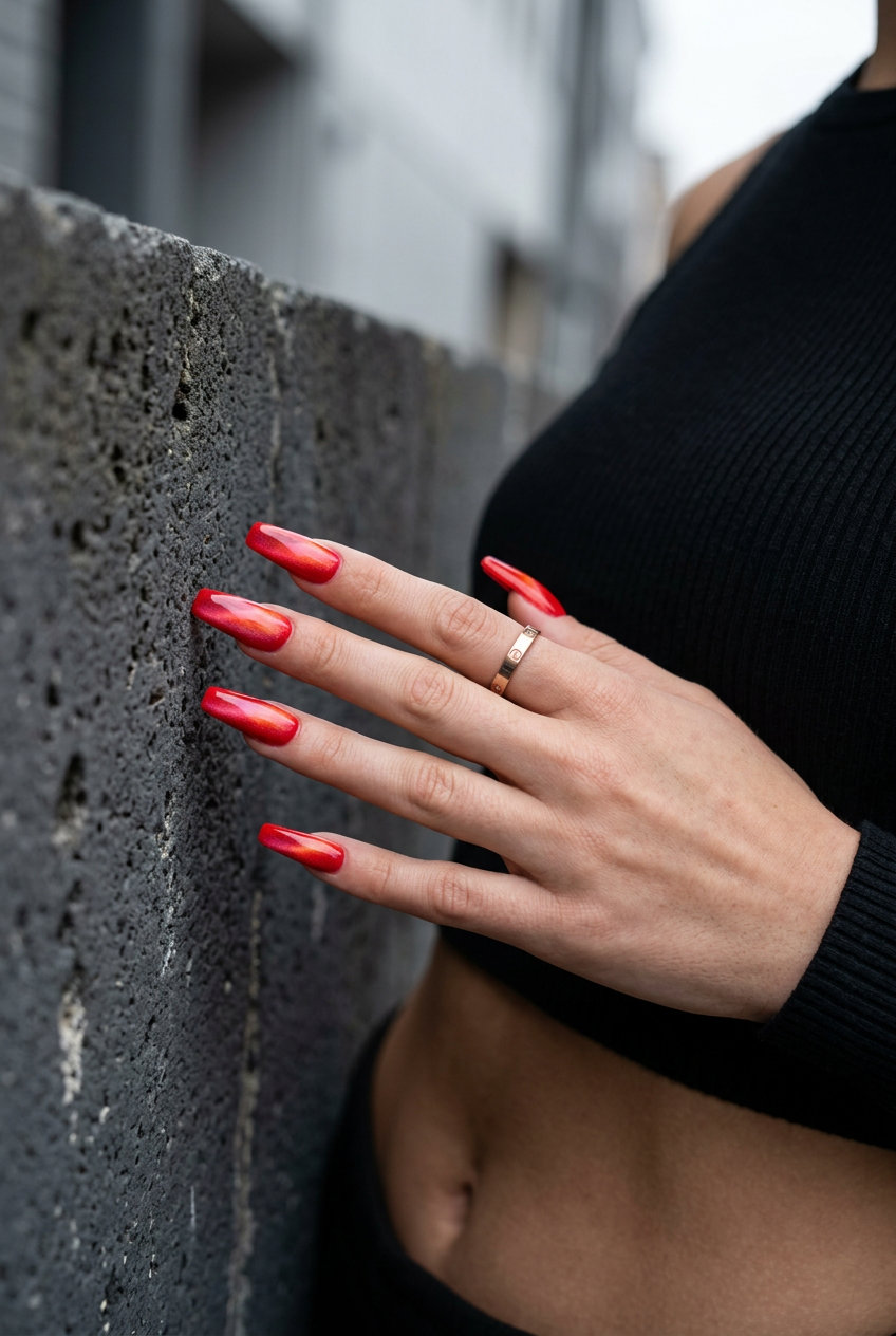 Summer Red Nails 2026: Bright Red Cat-Eye Swirls Sultry bright red cat-eye swirl nails for summer red nails 2026 date nights.