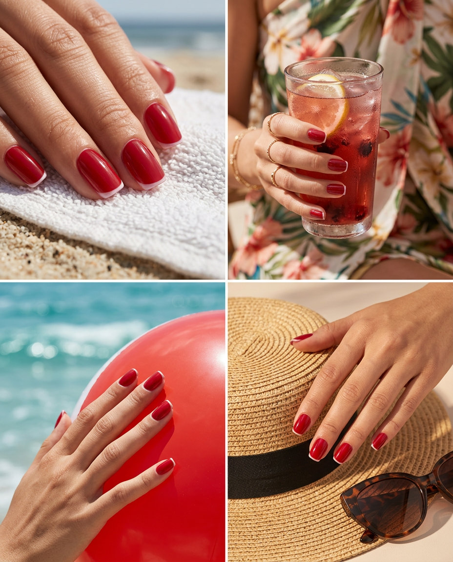 Chic Cherry Red Micro French Nails 2026 Chic cherry red micro French tip nails for summer red nails 2026 daily wear and work.