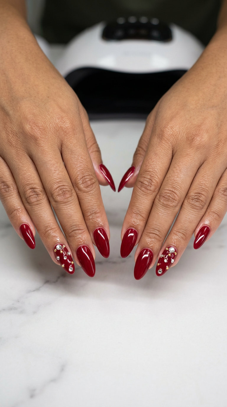 Glamorous Crimson Red Nails 2026 Glamorous deep crimson red nails with silver rhinestones and gold micro-pearls for summer red nails 2026 formal events.