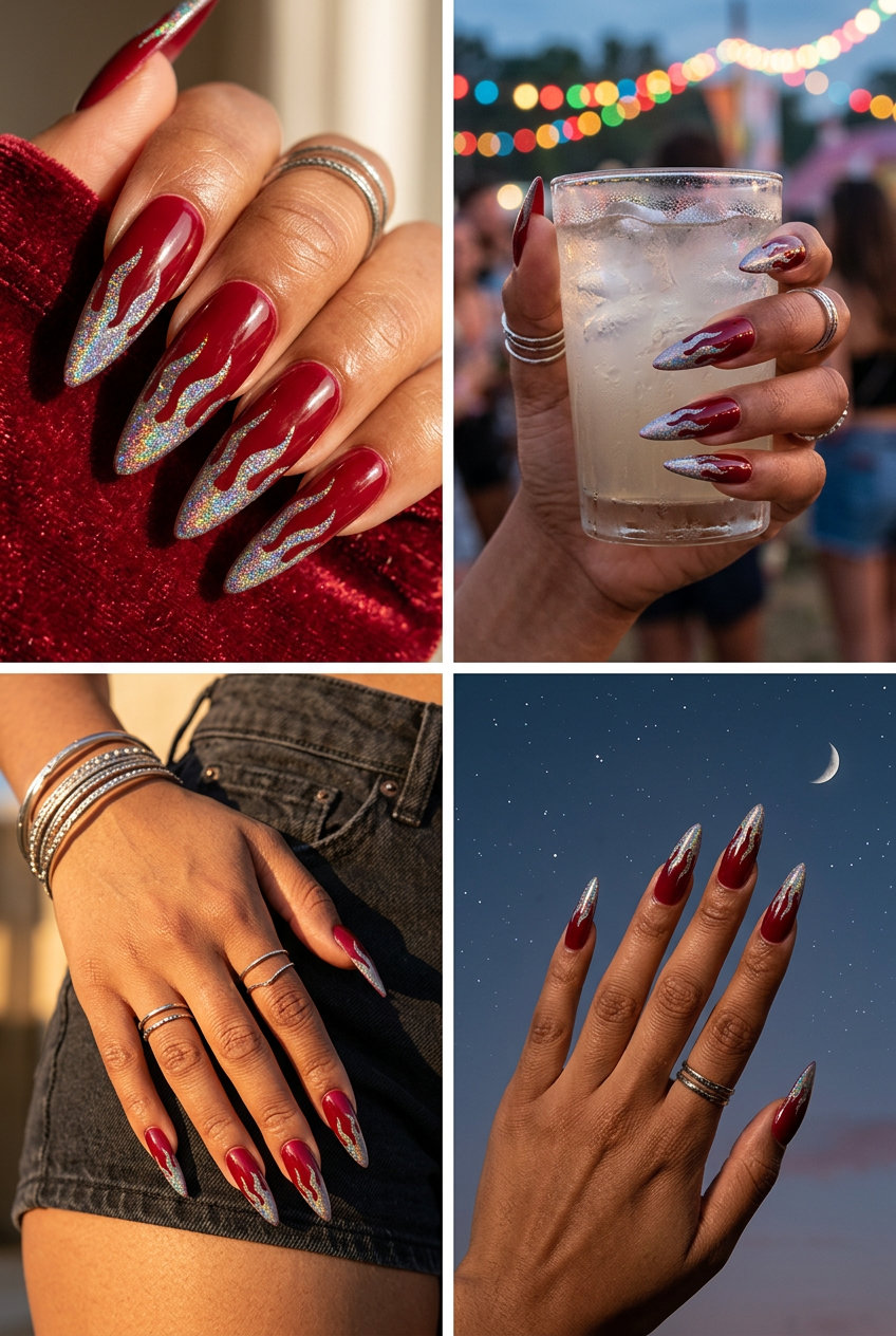 Summer Red Nails 2026: Holographic Flame Stilettos Edgy holographic fire flame stiletto nails in deep red for summer red nails 2026 festivals.