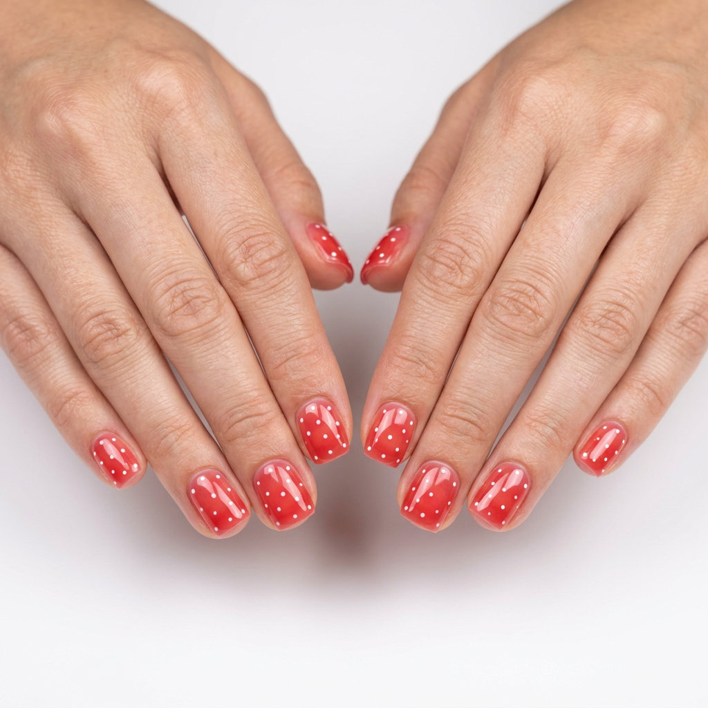 Jelly Watermelon Red Dot Nails 2026 Playful jelly watermelon red dot nails for summer red nails 2026. Whimsical vacation style.