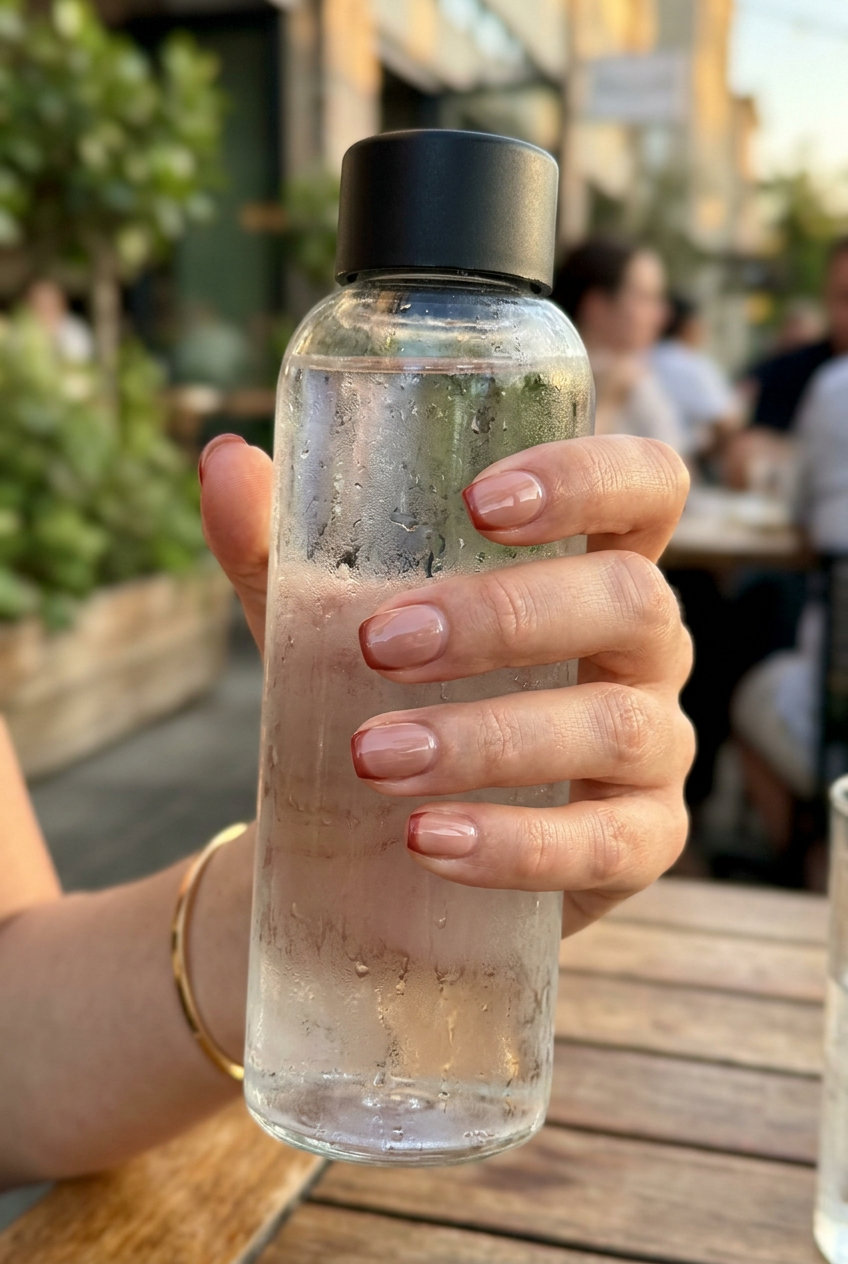 Neutral Red Nude French Tip Nails 2026 Sophisticated neutral beige-red nude nails with muted red French tip for summer red nails 2026.