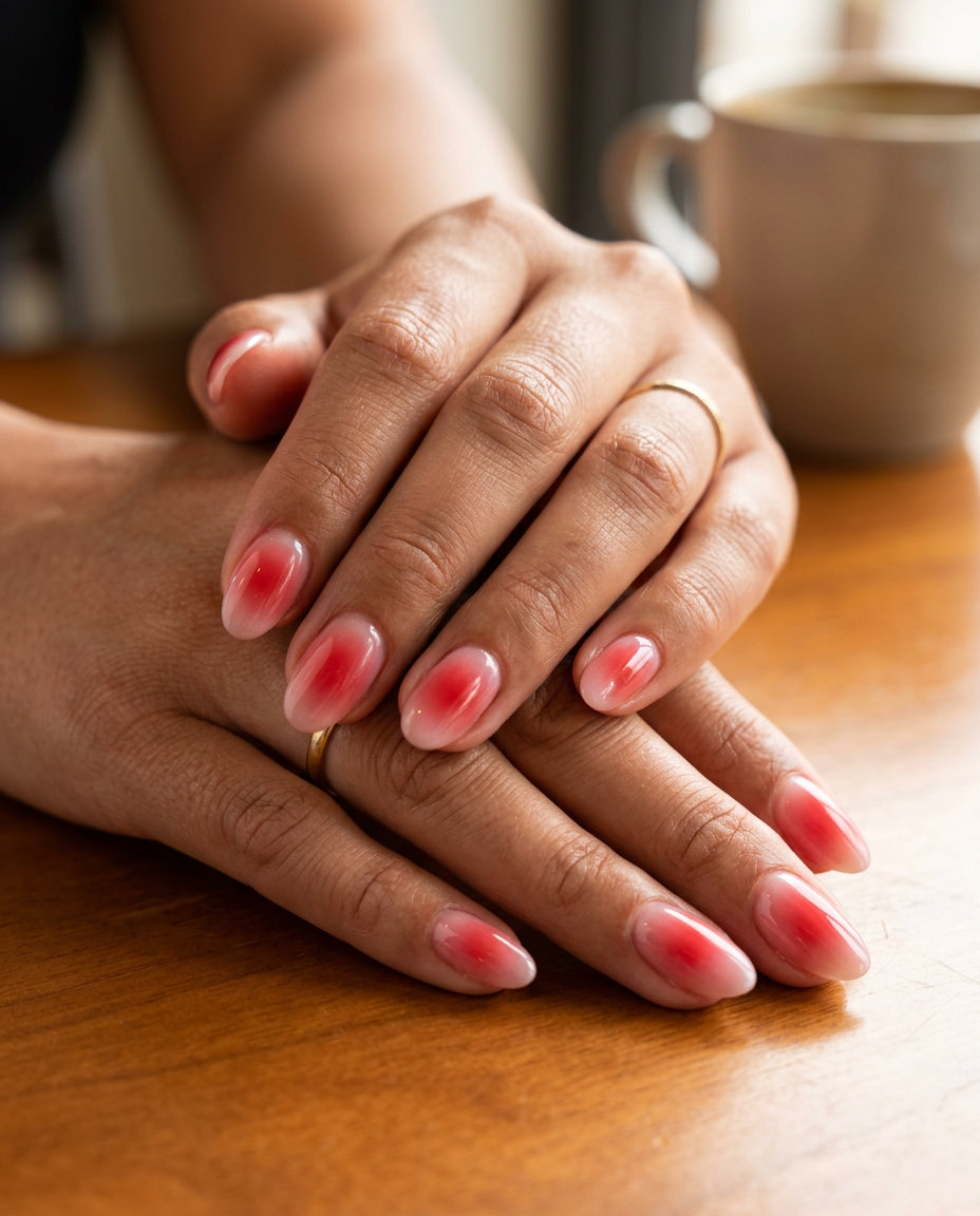 Retro Red Aura Oval Nails 2026 Retro red aura oval nails with a glossy finish for summer red nails 2026. Whimsical date night style.
